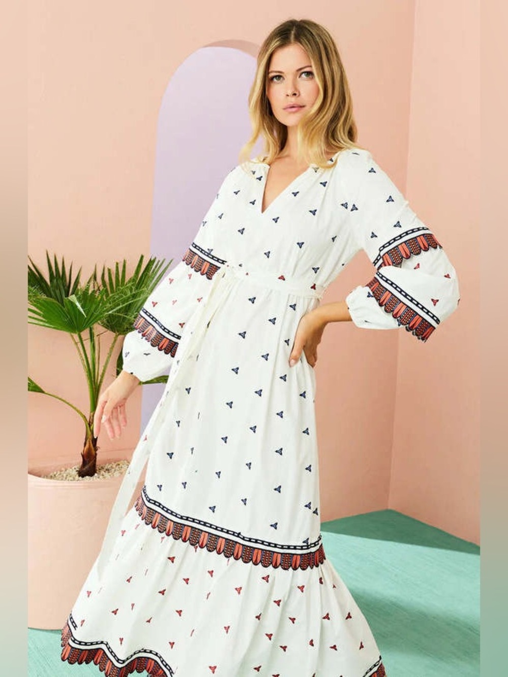 Marie Oliver White Embroidered Boho Maxi Dress